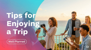 "Well-planned trip tips: friends happily taking photos during a beautiful sunset getaway"