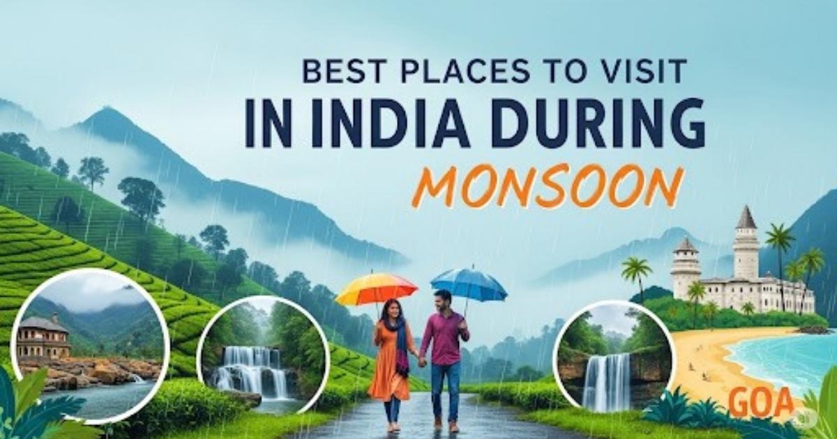 Illustration of a couple walking with umbrellas through lush green hills, waterfalls, temples, and misty mountains—representing the best place to visit in India during monsoon.