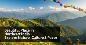 Beautiful place in Northeast India with green hills, snow-covered Himalayan mountains, and Buddhist prayer flags