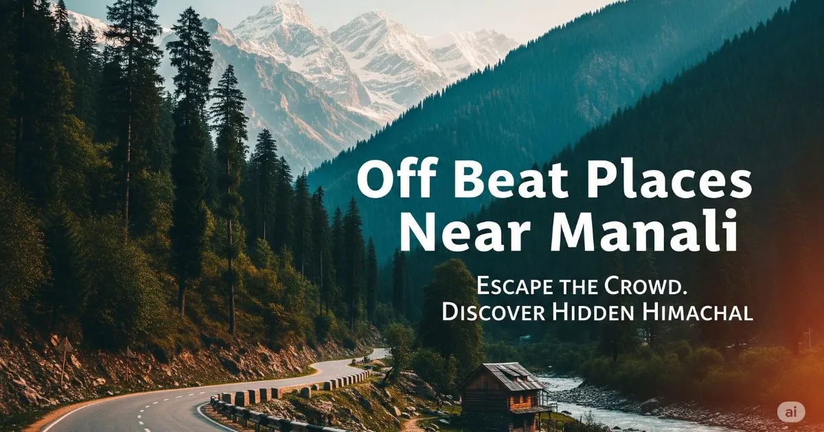 Scenic road through pine forests and snowy mountains with a wooden cottage beside a river — perfect view of off beat places near Manali.