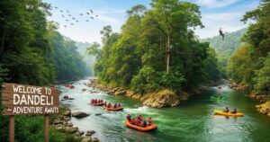 A group enjoying white water rafting and kayaking in the lush Dandeli forest, a perfect place to visit in Dandeli for adventure lovers.