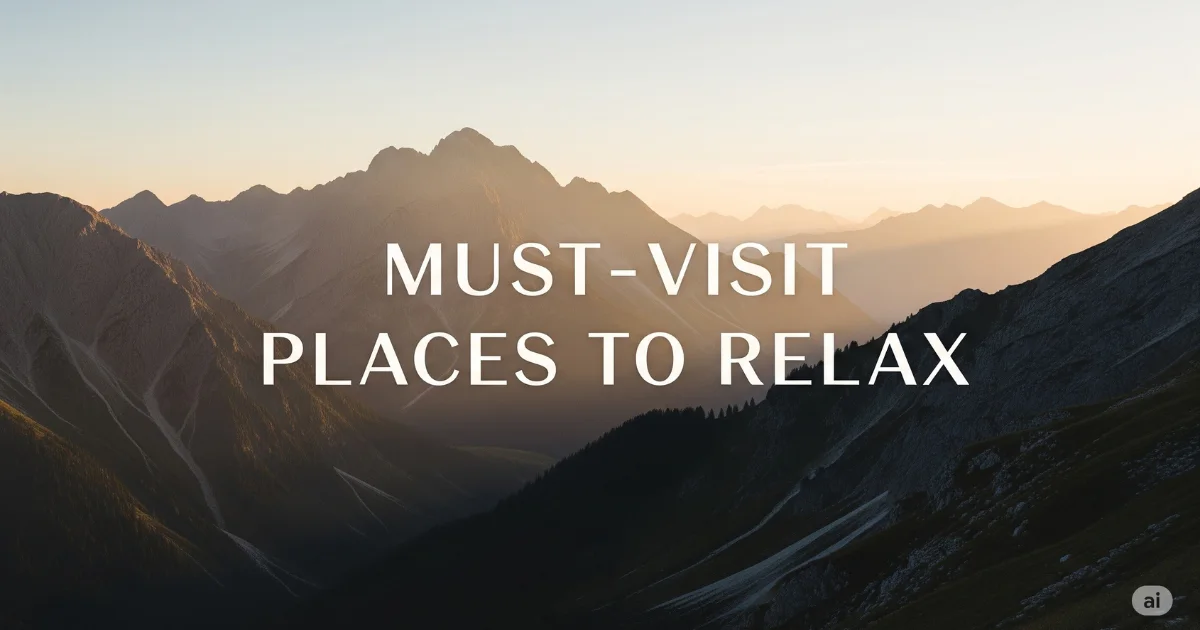 Dramatic mountain range at sunset with a warm, golden glow, featuring the prominent text "MUST-VISIT PLACES TO RELAX." Perfect for a blog thumbnail promoting tranquil getaways and scenic relaxation spots.