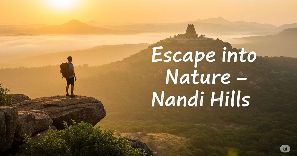 Sunrise over Nandi Hills with misty valley, traveler silhouette, and ancient Shiva temple near Bangalore