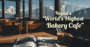 Trekkers enjoying coffee at the worlds highest cafe in Nepal in Lobuche near Everest Base Camp with snow-covered Himalayan peaks in the background.