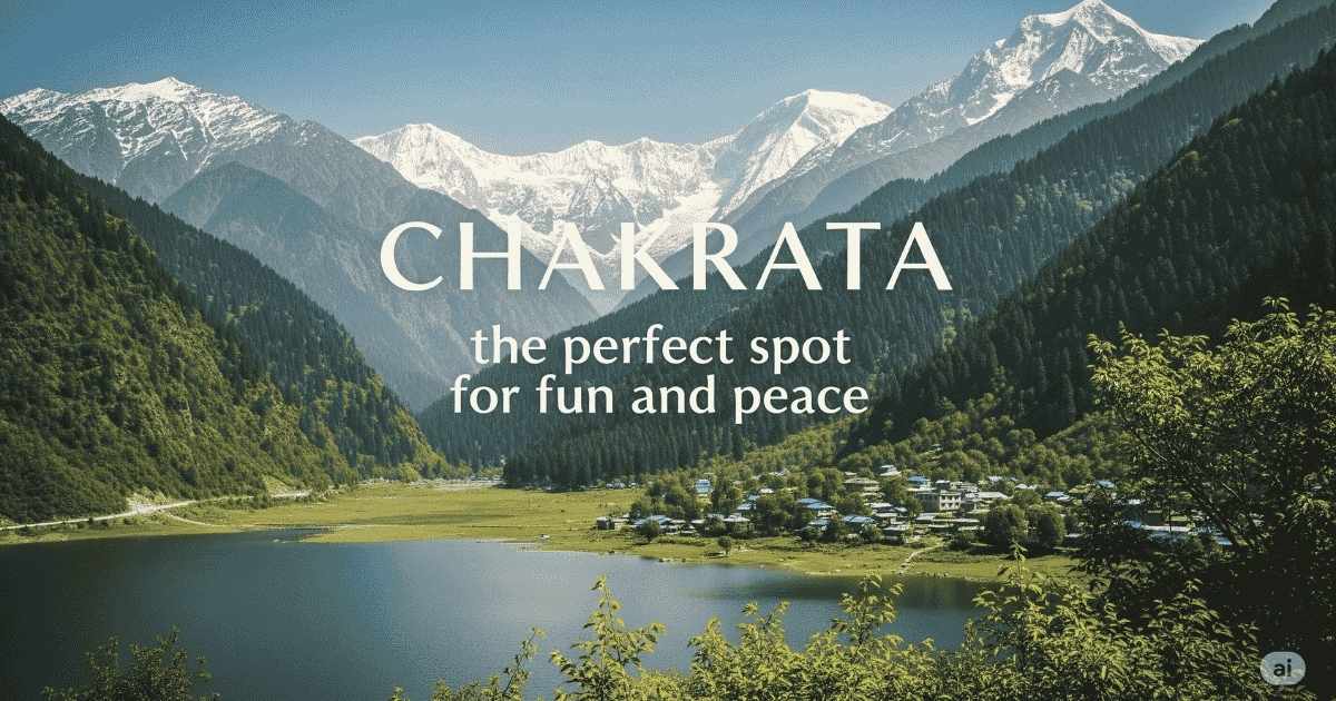 "Scenic view of Chakrata hill station with snow-capped Himalayan mountains, pine forests, and a peaceful lake – a perfect destination for fun and tranquility."