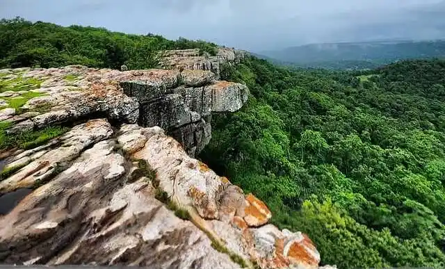 “Rocky cliff overlooking a dense green forest and distant hills under a cloudy sky.”