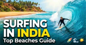 Surfing in India Top Beaches Guide with a surfer riding a large wave on a sunny tropical beach background.